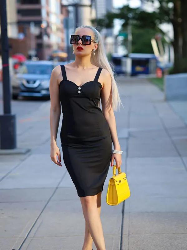 Black 1960s Solid Pearl Buttons Suspender Dress sold by Retro Stage