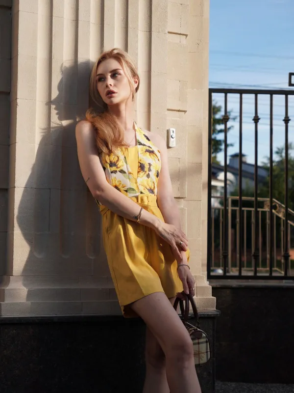 Yellow 1950s Sunflower Halter Romper sold by Retro Stage