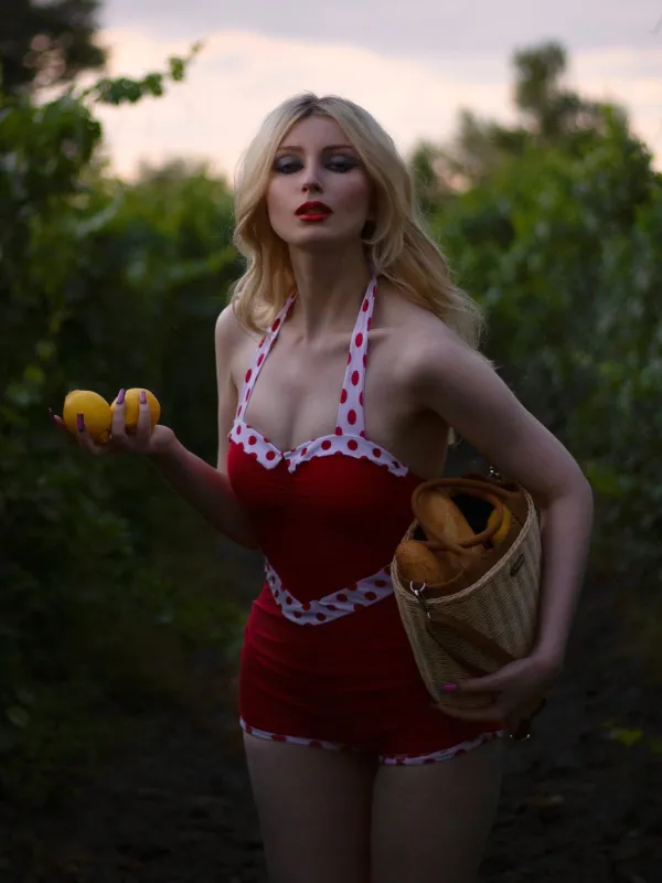 Red 1940s Halter Patchwork One-piece Swimsuit sold by Retro Stage