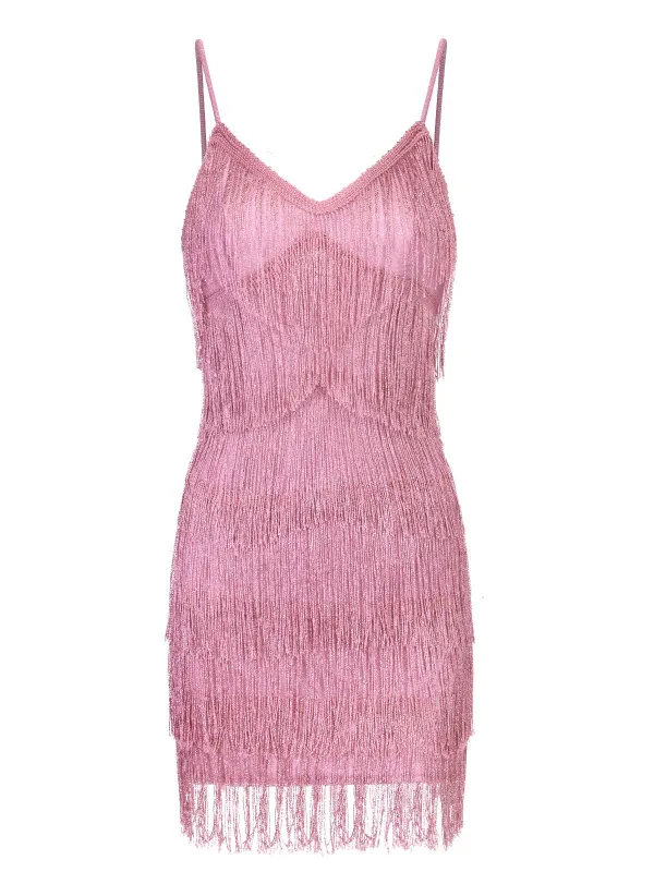 Pink 1920s Spaghetti Strap V-Neck Fringe Dress sold by Retro Stage