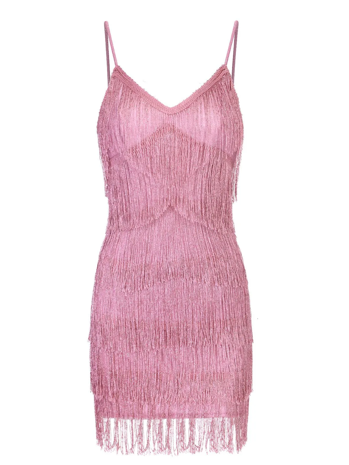 Pink 1920s Spaghetti Strap V-Neck Fringe Dress sold by Retro Stage