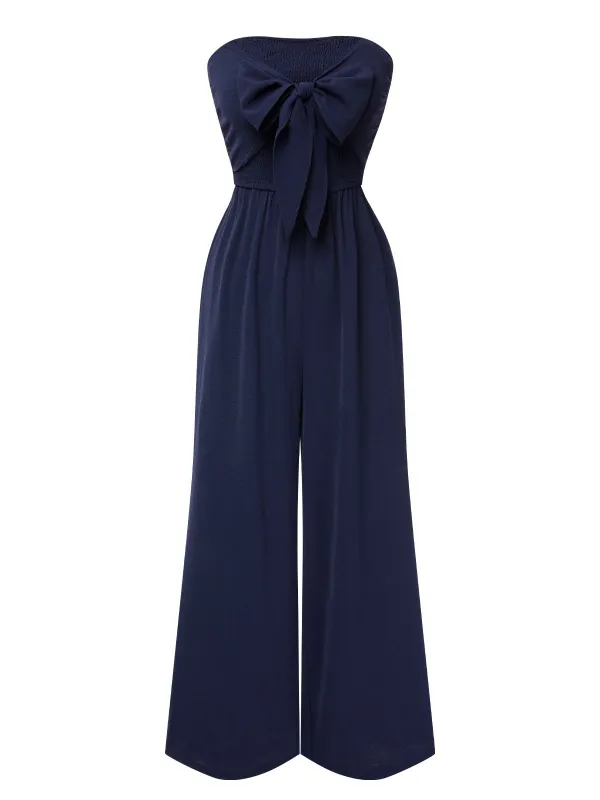 Dark Blue 1960s Solid Bow Strapless Jumpsuit sold by Retro Stage