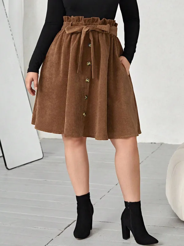 [Plus Size] Brown 1950s Corduroy Buttoned Skirt With Belt sold by Retro Stage