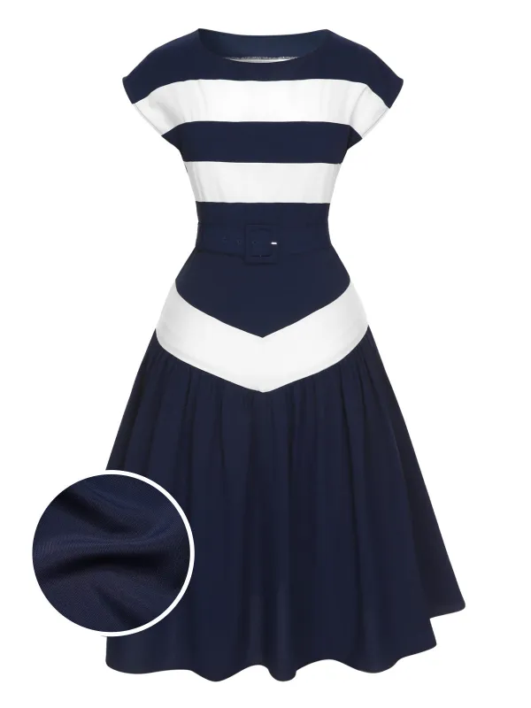 Dark Blue 1940s Boat Neck Stripe Dress sold by Retro Stage