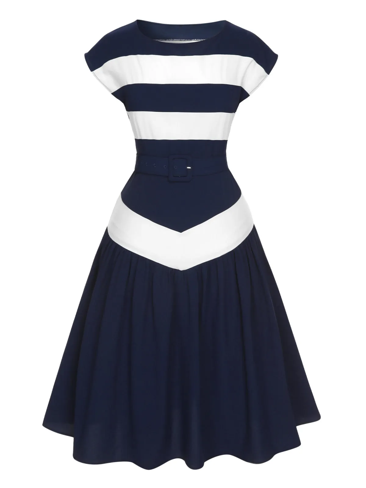 Dark Blue 1940s Boat Neck Stripe Dress sold by Retro Stage product image thumbnail 4