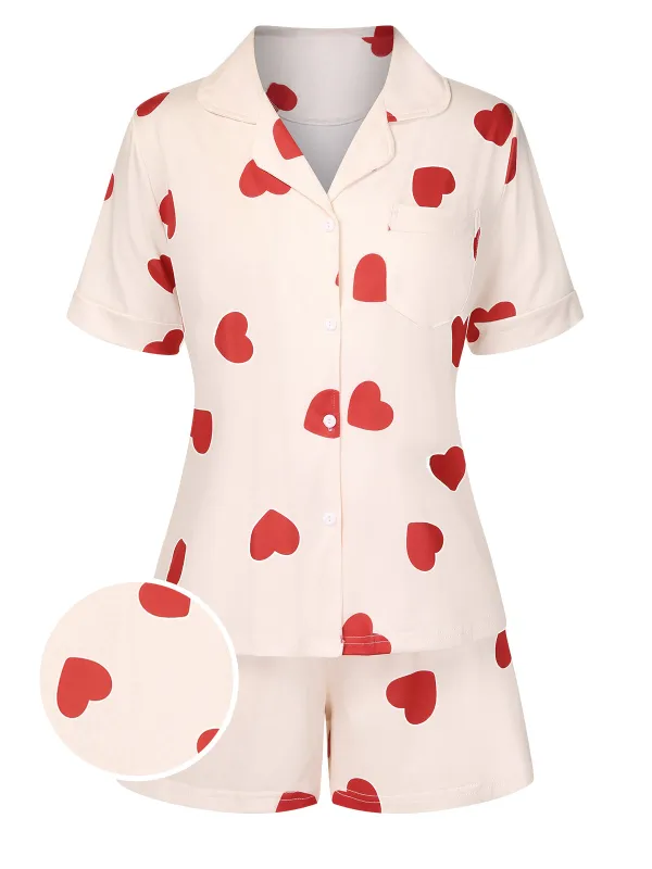 2PCS Heart Short-Sleeved Shirt Shorts Pajamas sold by Retro Stage