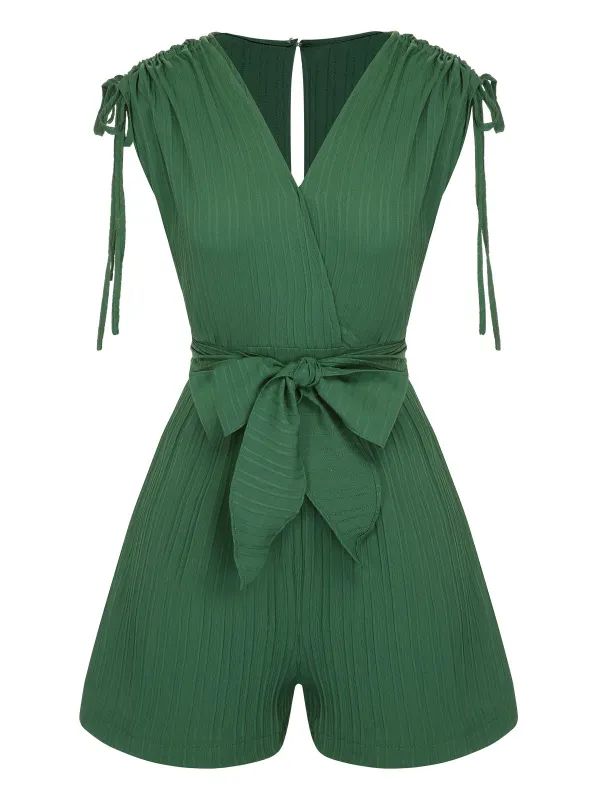 Green 1950s Solid Belt V-Neck Romper sold by Retro Stage