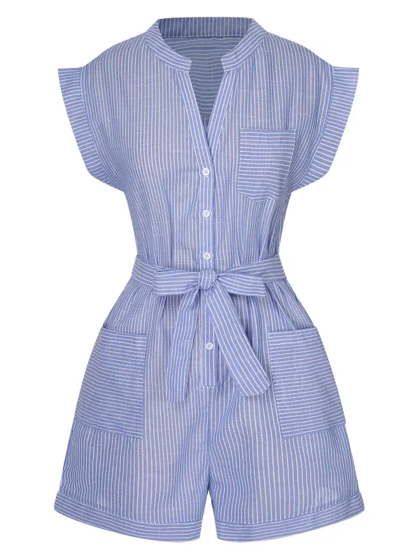 Blue 1950s Striped Belt Pocket Romper sold by Retro Stage