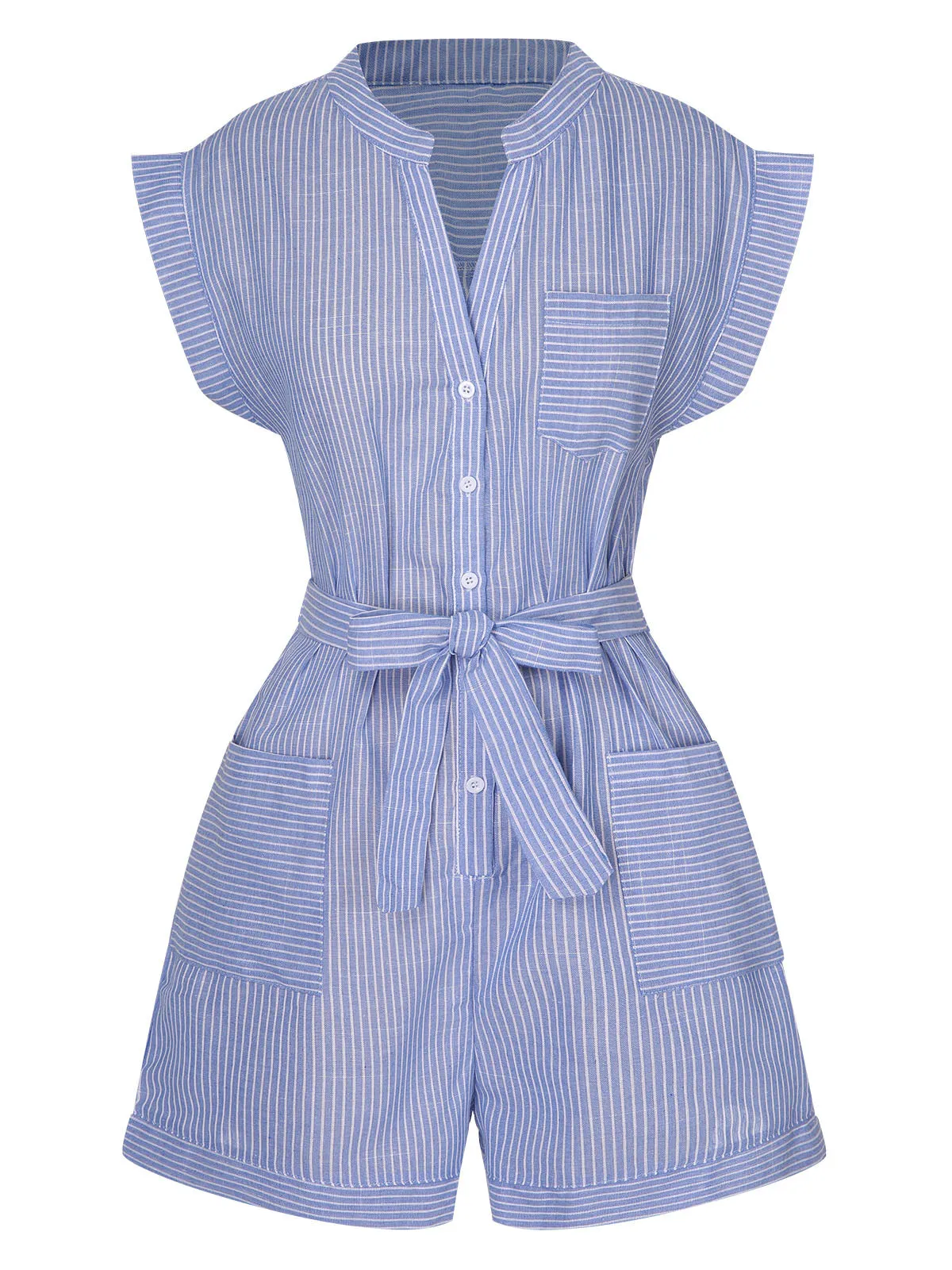 Blue 1950s Striped Belt Pocket Romper sold by Retro Stage