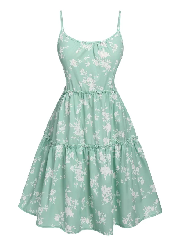 Green 1960s Floral Wrinkle Suspender Dress sold by Retro Stage