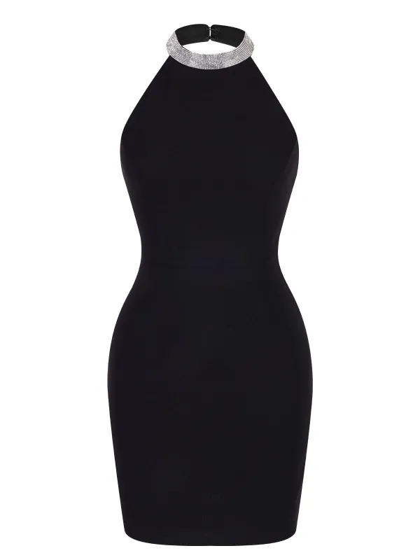 Black 1960s Rhinestone Solid Halter Dress sold by Retro Stage