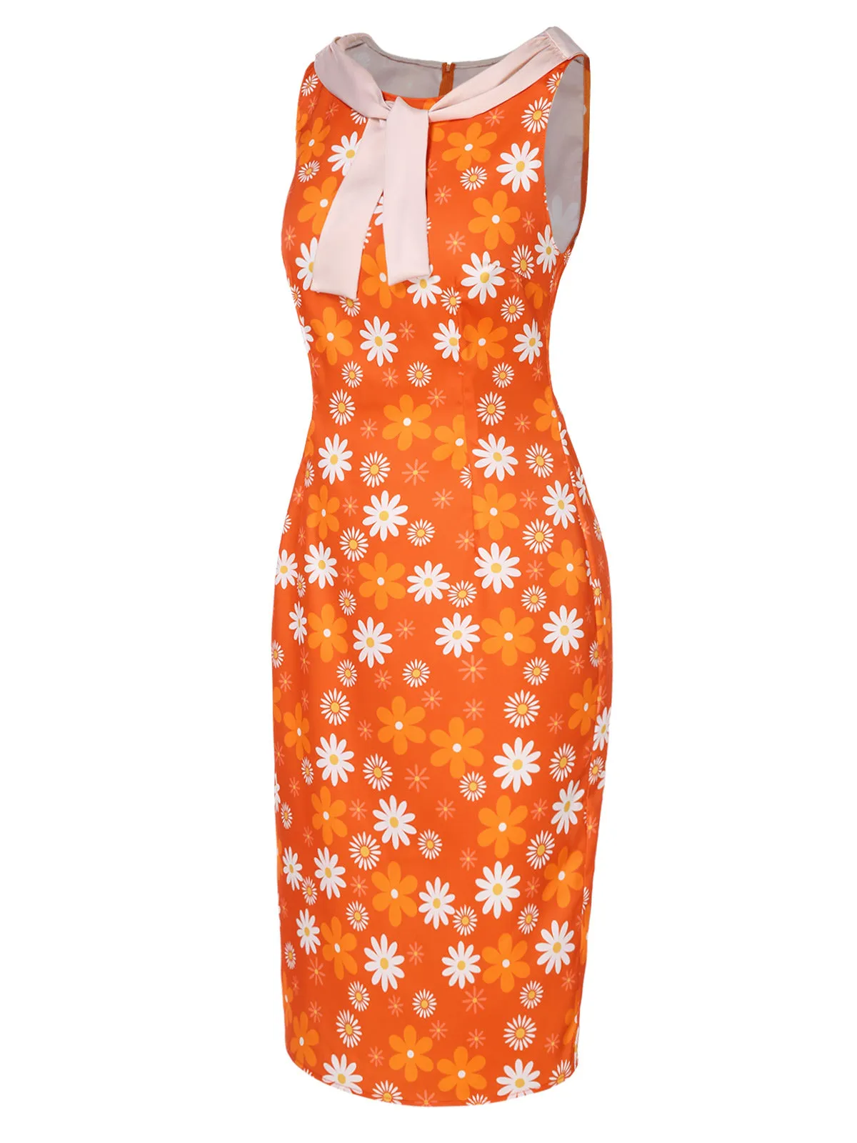 Orange 1960s Tie Neck Floral Sleeveless Dress sold by Retro Stage product image thumbnail 3