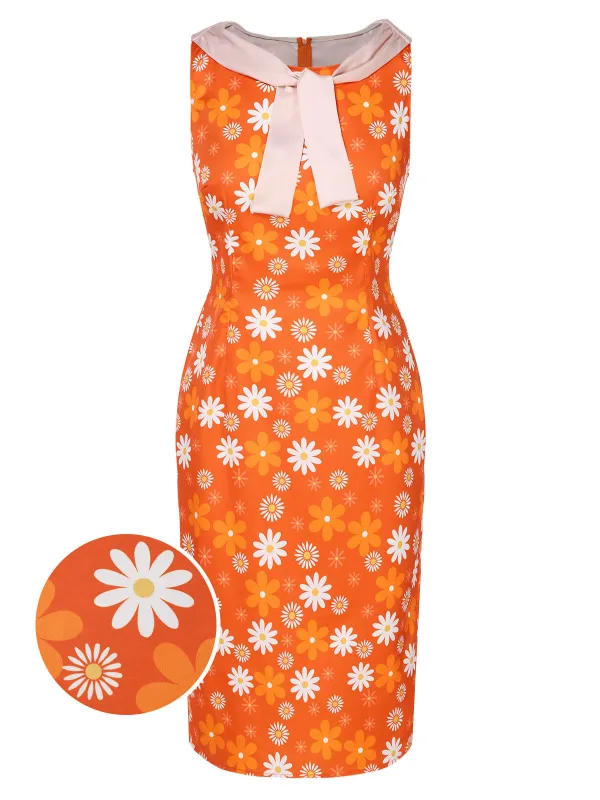 Orange 1960s Tie Neck Floral Sleeveless Dress sold by Retro Stage