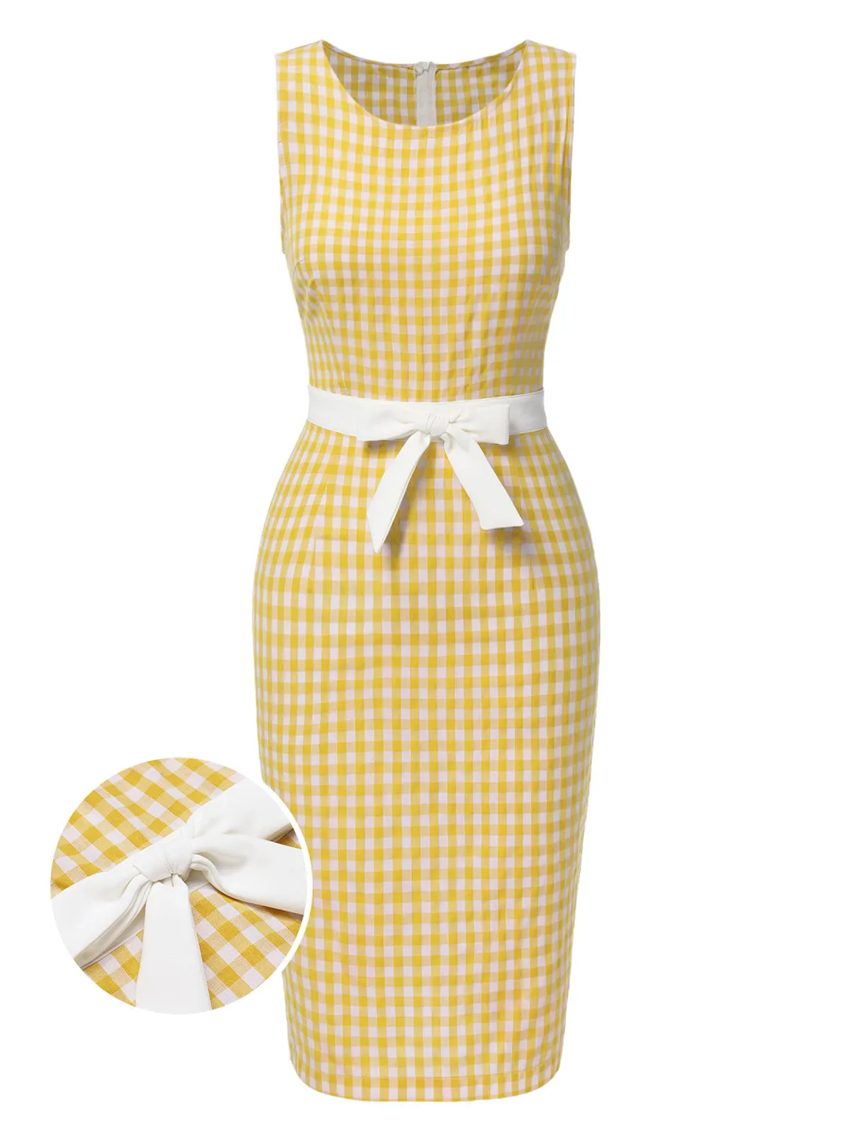 Yellow 1960s Round Neck Gingham Bow Sleeveless Dress sold by Retro Stage