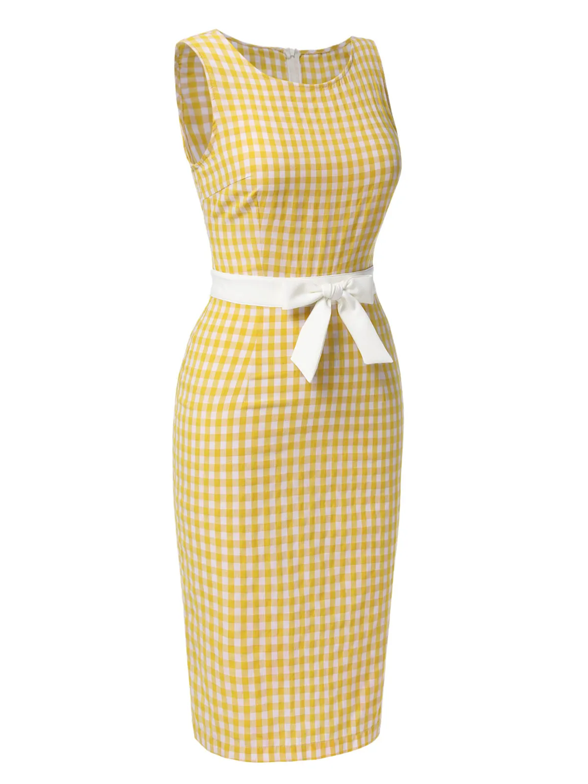 Yellow 1960s Round Neck Gingham Bow Sleeveless Dress sold by Retro Stage product image thumbnail 3