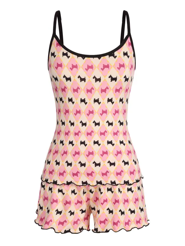 1960s Spaghetti Strap Ruffle Hem Cute Animal Pajama Set sold by Retro Stage