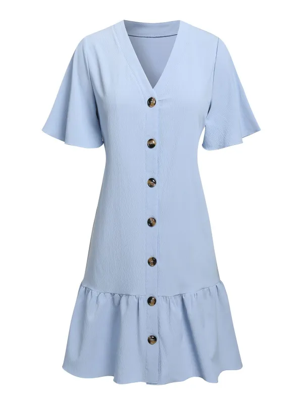 Light Blue 1970s V-Neck Ruffle Hem Dress sold by Retro Stage