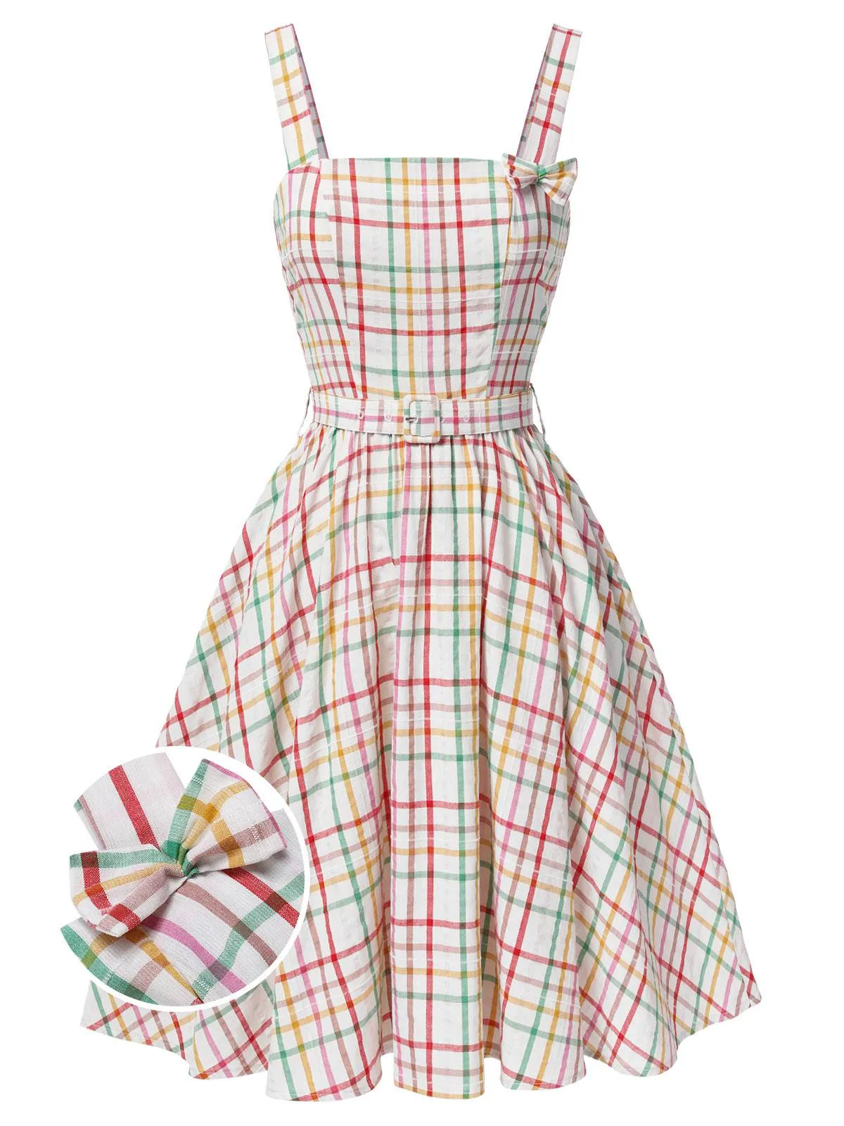 Colorful 1950s Wide Strap Bow Plaid Dress sold by Retro Stage product image thumbnail 2