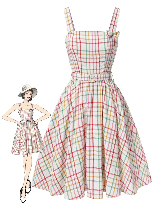 Colorful 1950s Wide Strap Bow Plaid Dress sold by Retro Stage