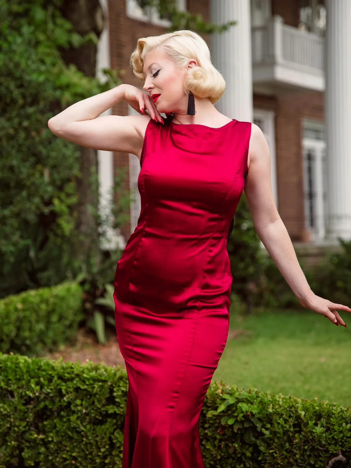 Deep Red 1930s Solid Bow Decor Fishtail Dress sold by Retro Stage