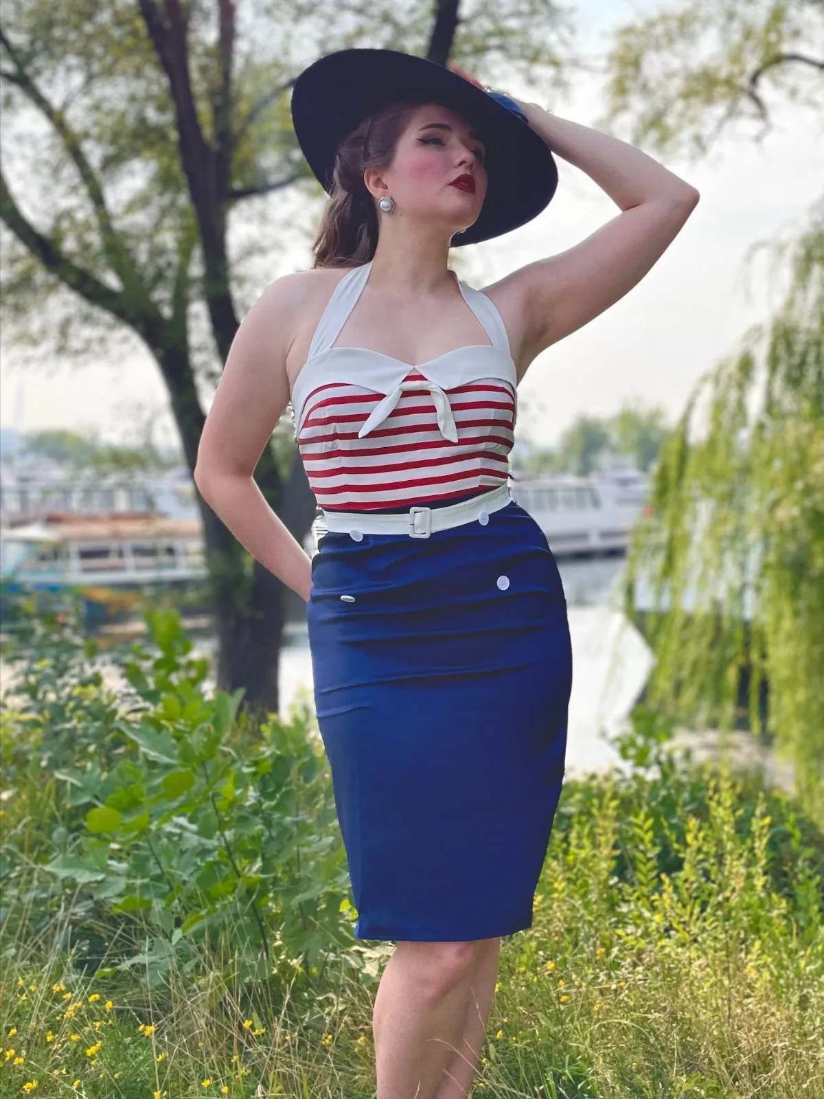 1960s Halter Stripes Bow Belted Dress sold by Retro Stage