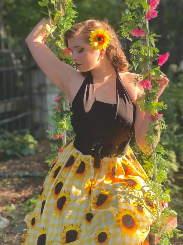 Yellow 1950s Sunflower Plaid Halter Dress sold by Retro Stage