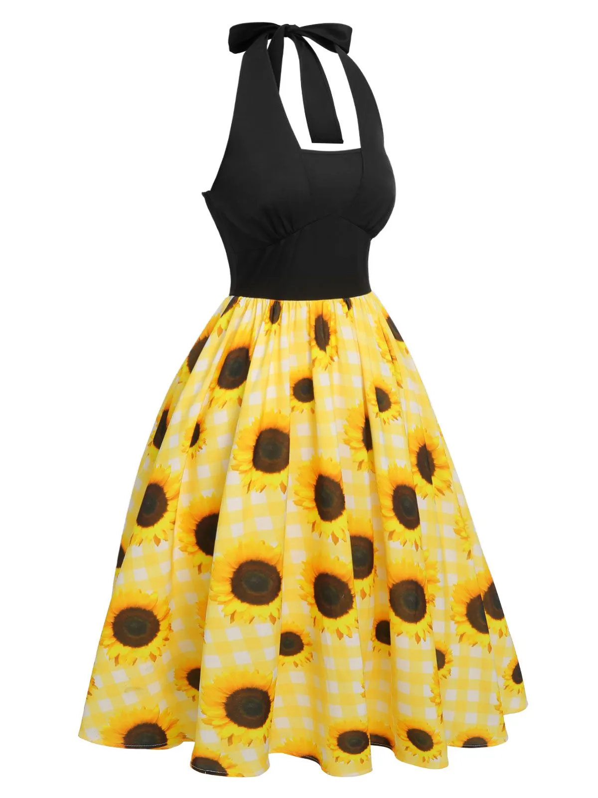 Yellow 1950s Sunflower Plaid Halter Dress sold by Retro Stage product image thumbnail 4