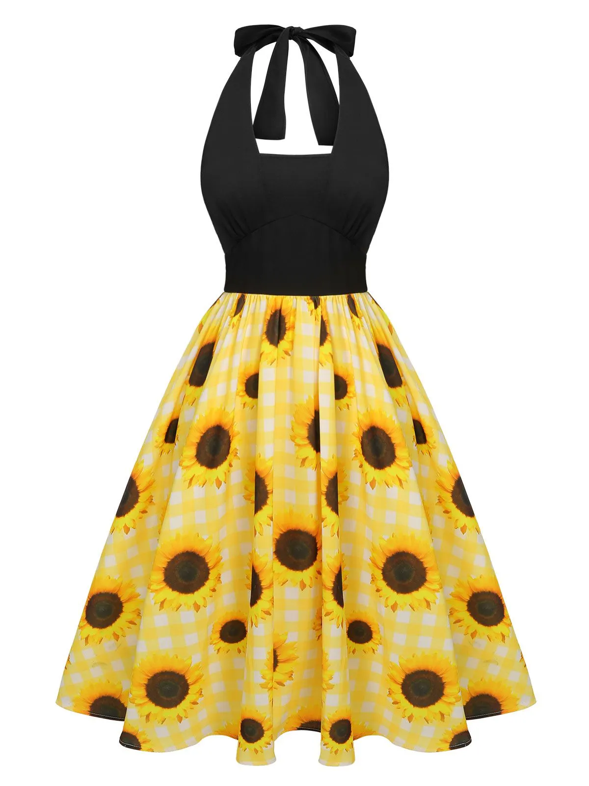 Yellow 1950s Sunflower Plaid Halter Dress sold by Retro Stage product image thumbnail 3