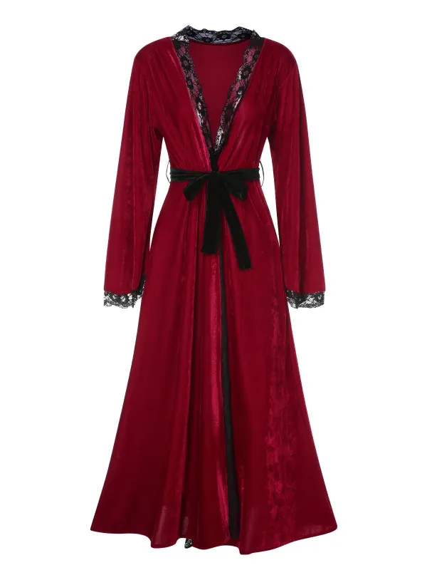 Wine Red 1950s Lace Patchwork Night Robe sold by Retro Stage