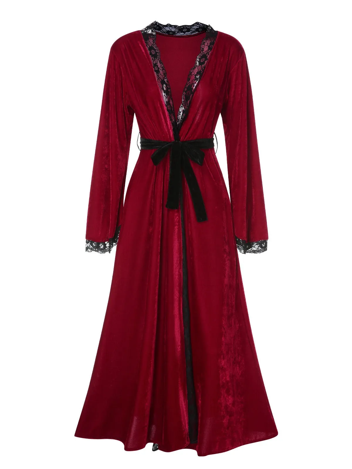 Wine Red 1950s Lace Patchwork Night Robe sold by Retro Stage