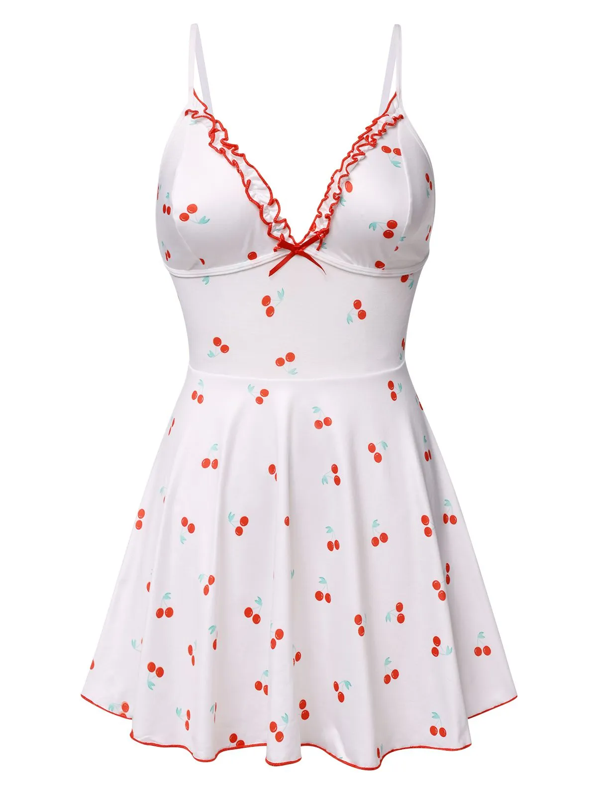 White 1950s Spaghetti Strap Cherry Bow Sleepwear sold by Retro Stage