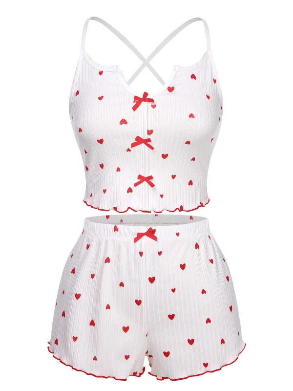 White 1950s Heart Spaghetti Straps Pajamas sold by Retro Stage