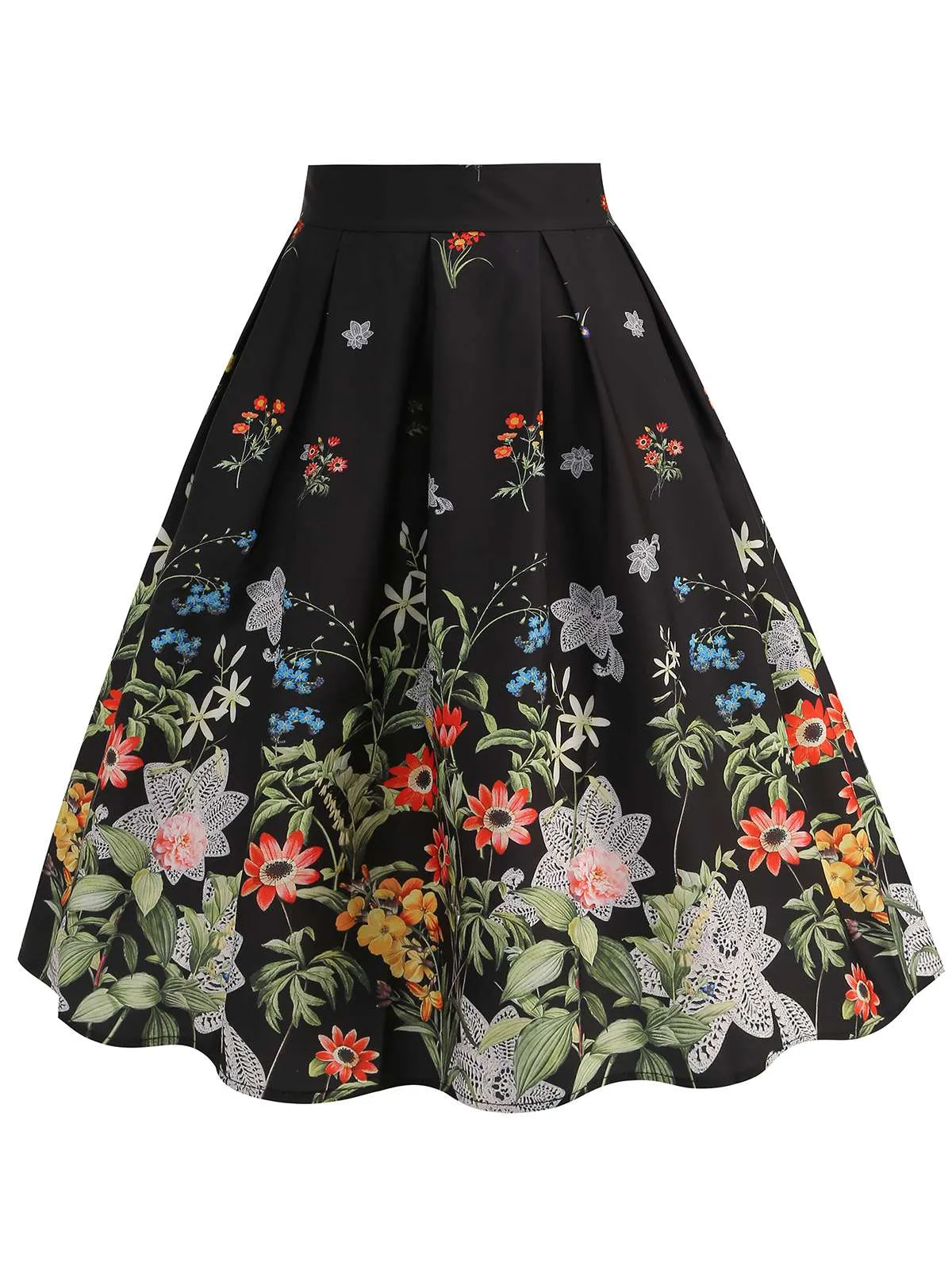 Black 1950s Floral Pleated Swing Skirt sold by Retro Stage product image thumbnail 3