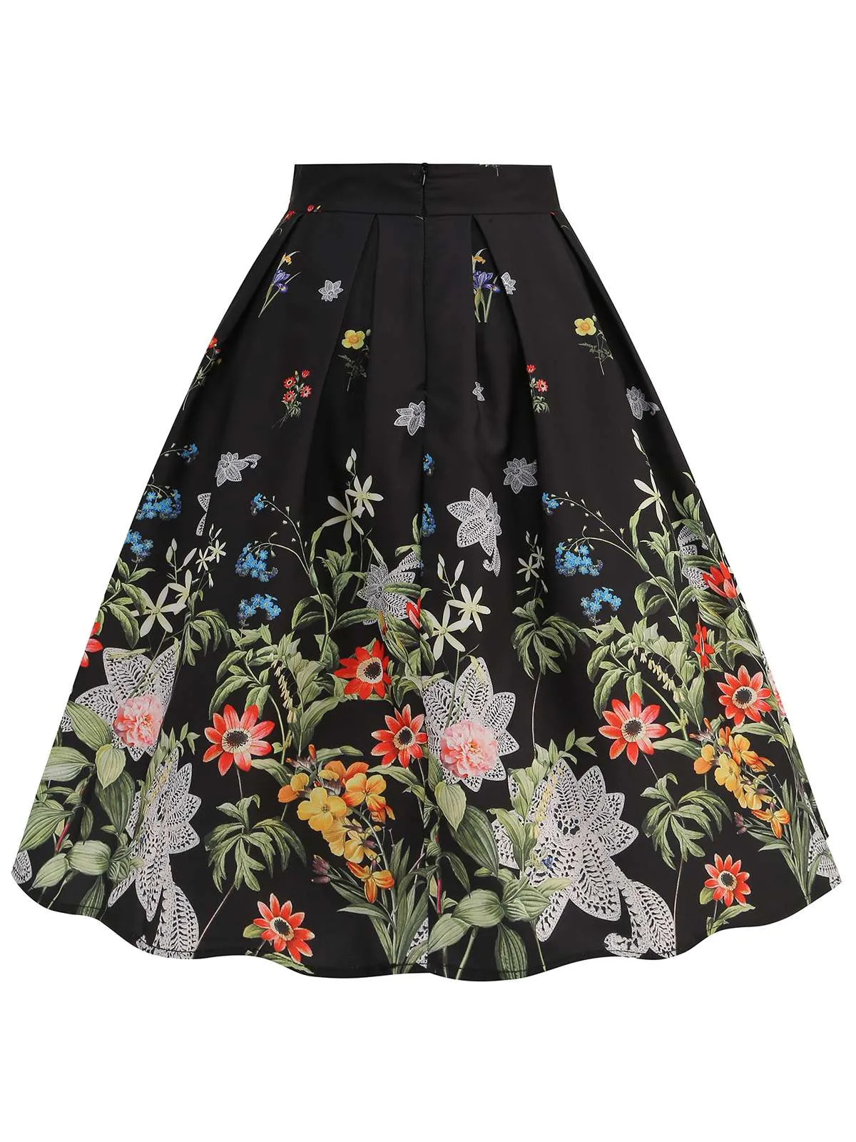 Black 1950s Floral Pleated Swing Skirt sold by Retro Stage