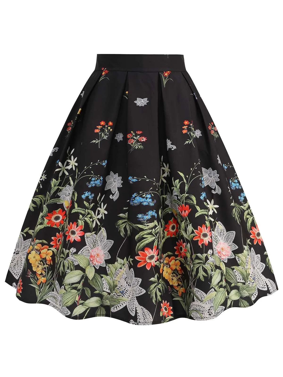 Black 1950s Floral Pleated Swing Skirt sold by Retro Stage product image thumbnail 2