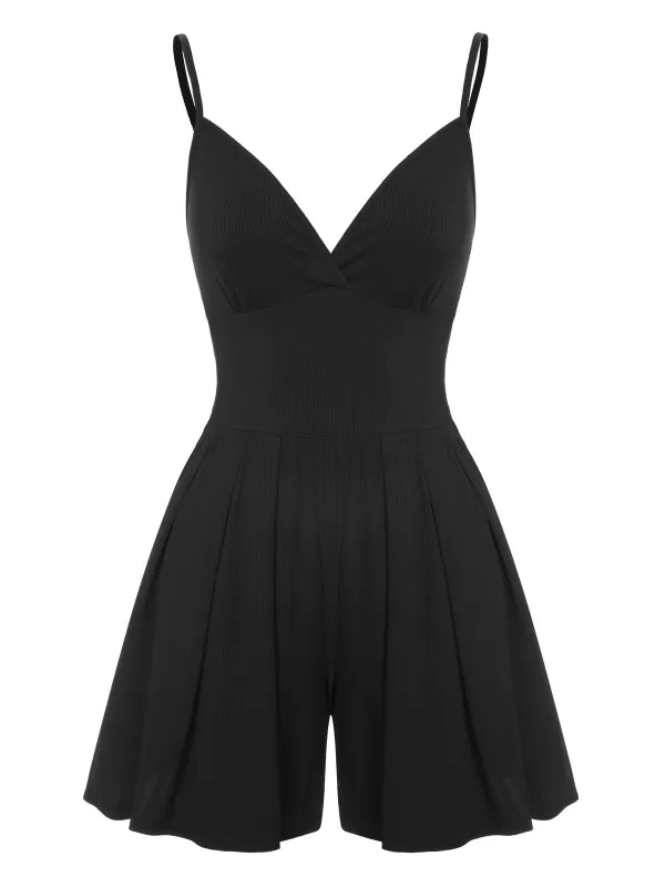 Black 1950s Solid V-Neck Spaghetti Straps Romper sold by Retro Stage