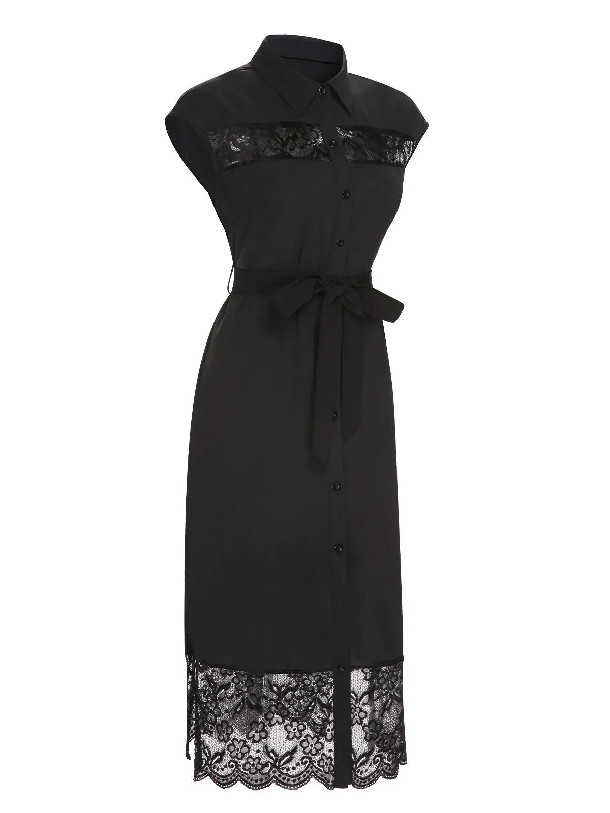Black 1940s Solid Lace Shirt Collar Belted Dress sold by Retro Stage product image thumbnail 2