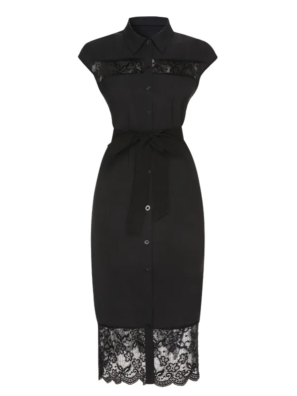 Black 1940s Solid Lace Shirt Collar Belted Dress sold by Retro Stage