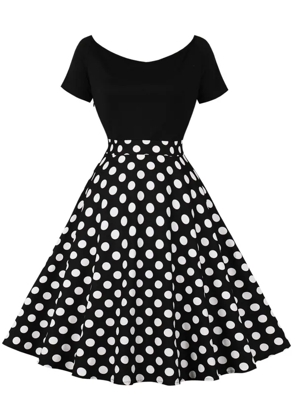 1950s Polka Dot Patchwork Short Sleeves Dress sold by Retro Stage