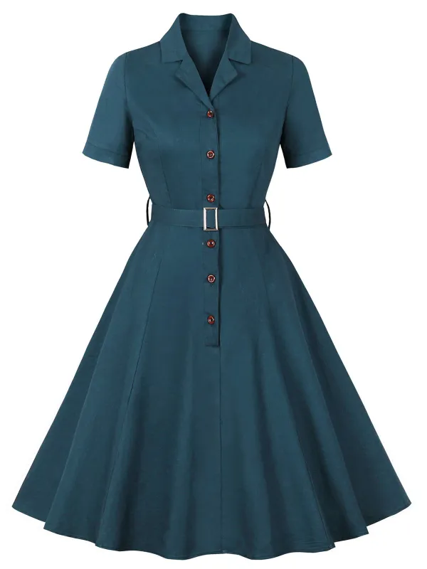 1950s Lapel Solid Buttons Belt Dress sold by Retro Stage