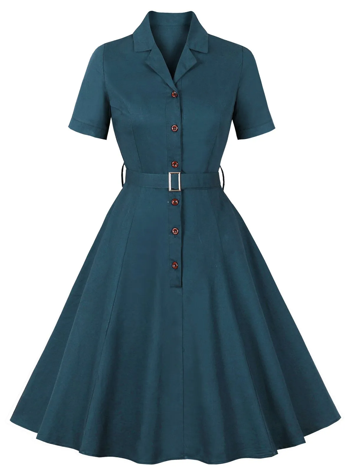 1950s Lapel Solid Buttons Belt Dress sold by Retro Stage