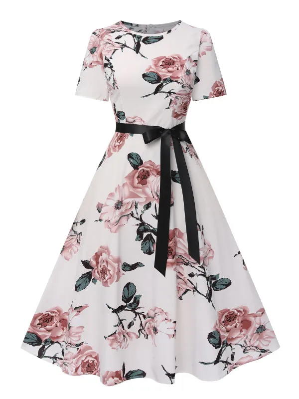 1950s Floral Bow Short Sleeve Swing Dress sold by Retro Stage