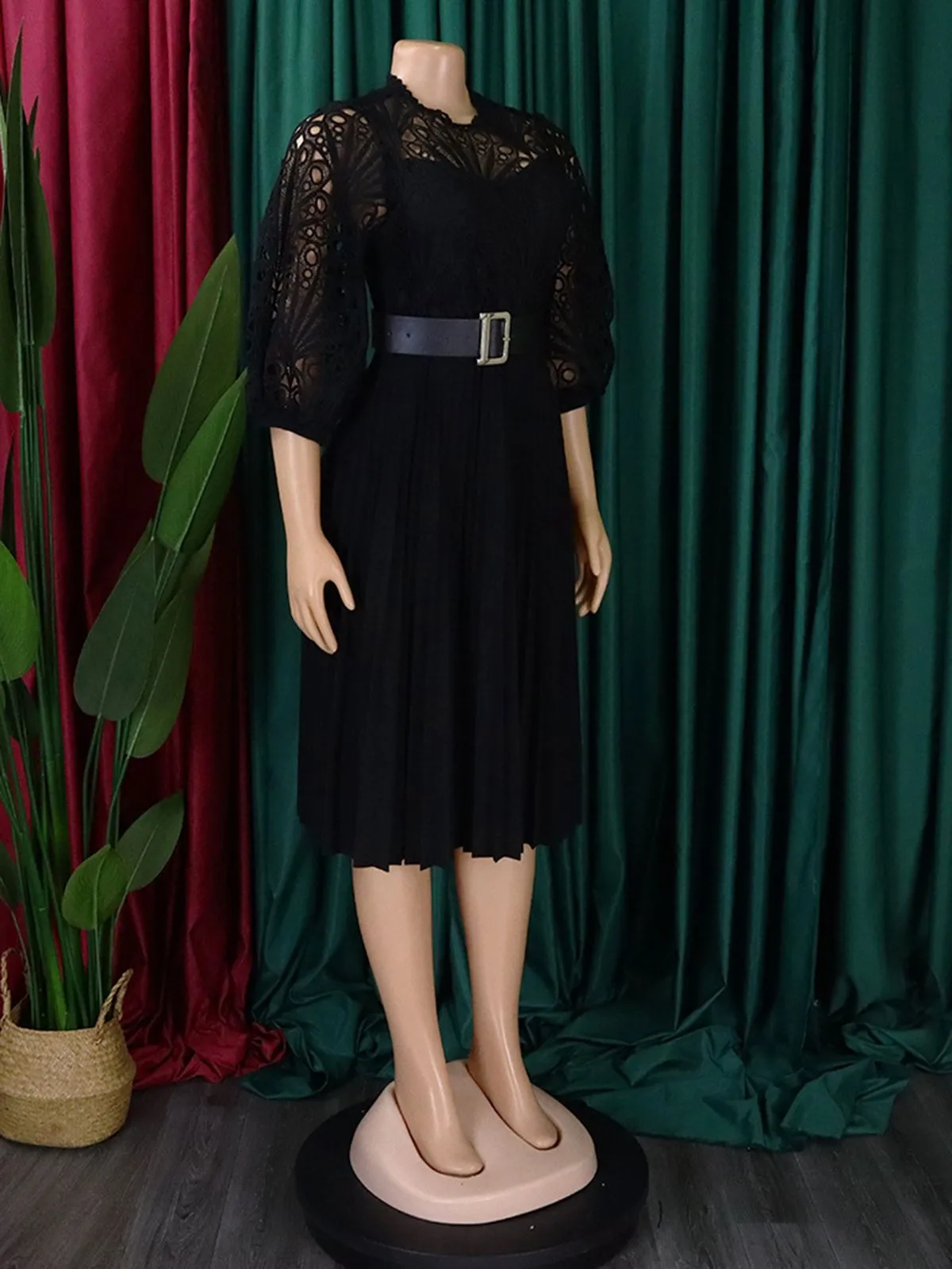 1960s Solid Lace Crochet Pleated Belted Dress sold by Retro Stage product image thumbnail 2