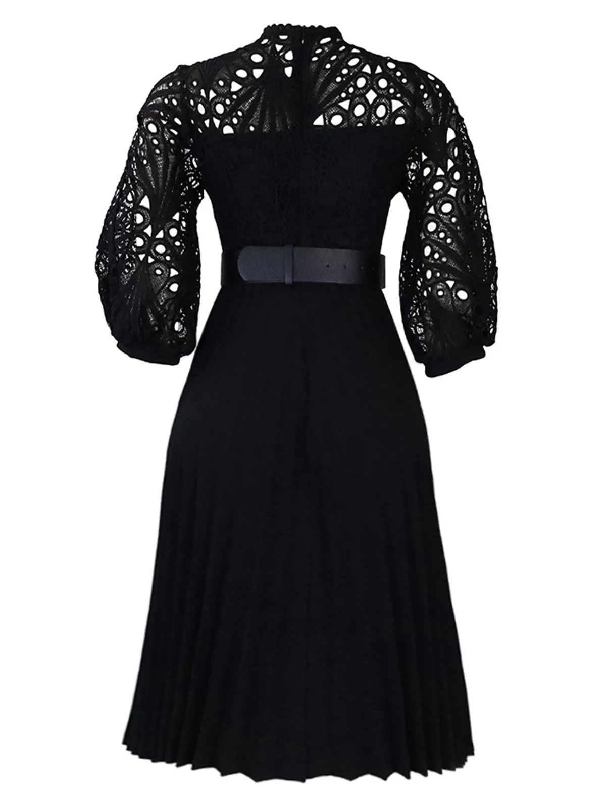 1960s Solid Lace Crochet Pleated Belted Dress sold by Retro Stage product image thumbnail 3