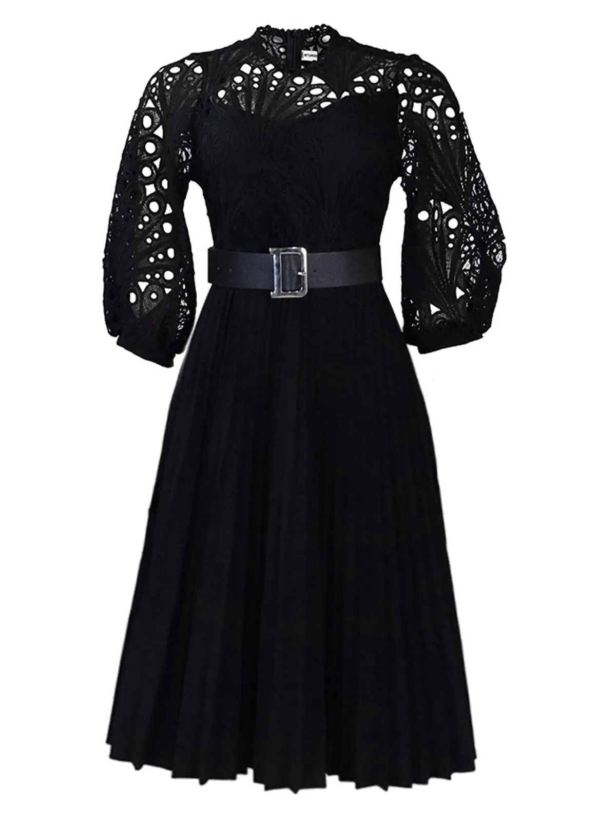 1960s Solid Lace Crochet Pleated Belted Dress sold by Retro Stage