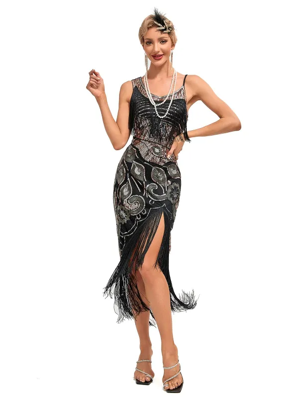 1920s Vintage Fringe Sequined Midi Party Dress sold by Retro Stage