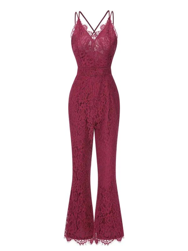 1960s Spaghetti Strap V-Neck Lace Jumpsuit sold by Retro Stage