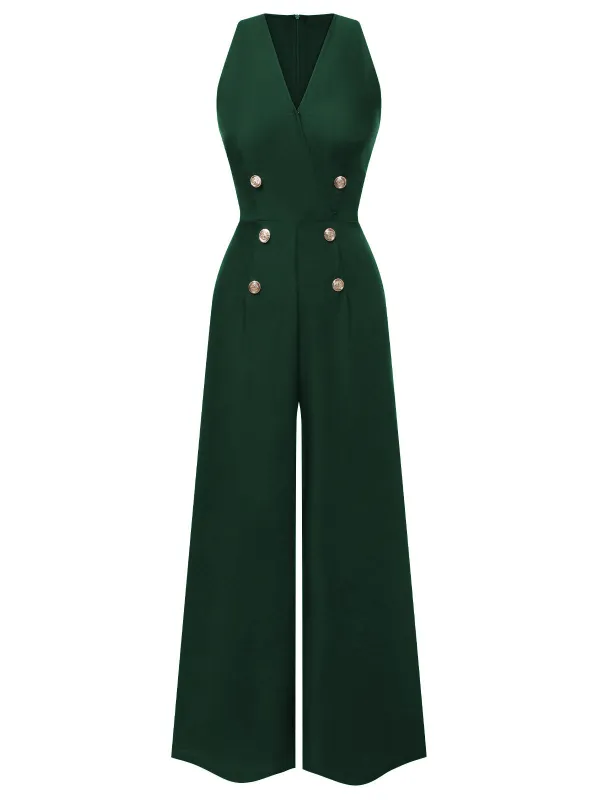 [Pre-Sale] Green 1950s Sleeveless Buttoned Solid Jumpsuit sold by Retro Stage