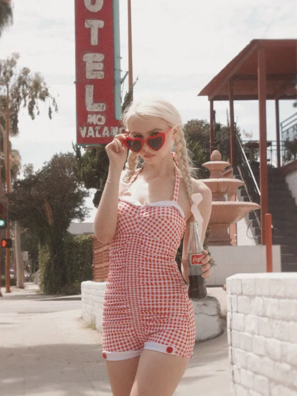 Gingham 1950s Halter Bowknot One-piece Swimsuit sold by Retro Stage