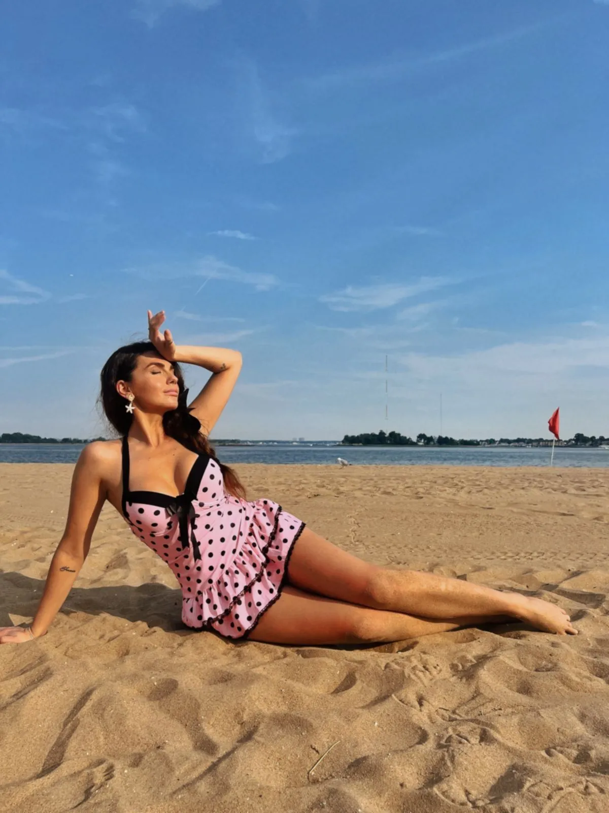 Pink 1940s Halter Polka Dots Bow One-Piece Swimsuit sold by Retro Stage